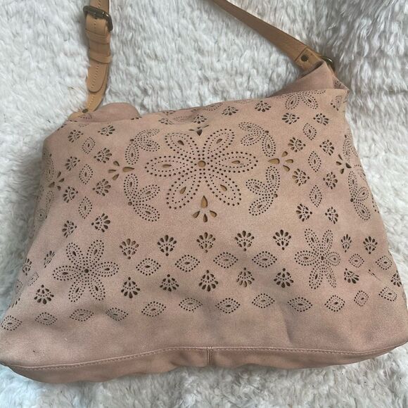 Anthropologie Miss Albright laser cut leather suede blush pink large tote bag. main image 2